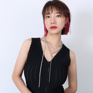 Layered Ball And Zircon Tassel Necklace Steel Tone