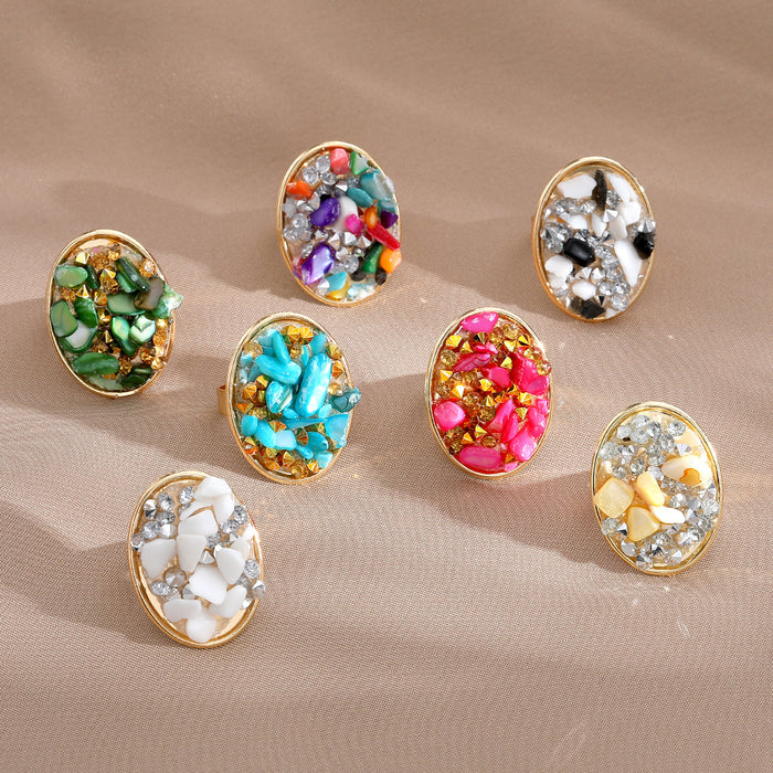 Gold Tone Oval Adjustable Rings with Irregular Chip Inlays
