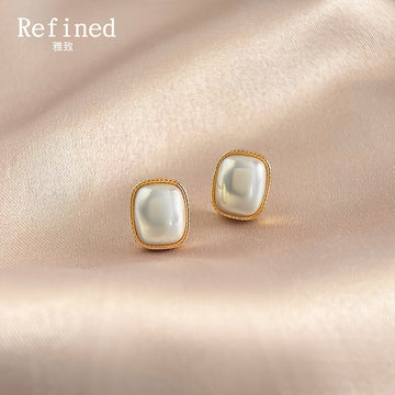 Square Cushion Pearl Stud Earrings Gold Beaded Rim Pair