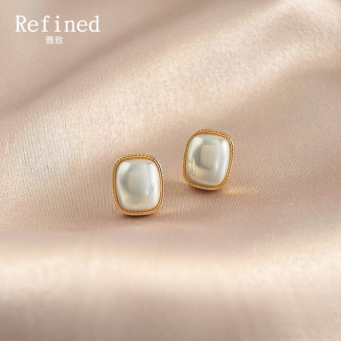 Square Cushion Pearl Stud Earrings Gold Beaded Rim Pair