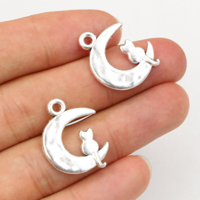 Antique Silver Tone Cat on Crescent Moon Pendants with Star Detail