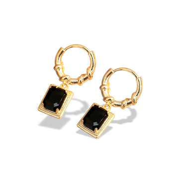 Gold Tone Black Rectangle Drop Hoop Earrings with Polished Metal Finish