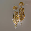 Ornate Gold Tone Filigree Drop Earrings with Pearl Tips view 6