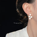 White Enamel Three Petal Flower Drop Earrings Gold Crystal view 2