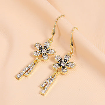 Gold Rhinestone Flower Drop Earrings Dual Crystal Tassels
