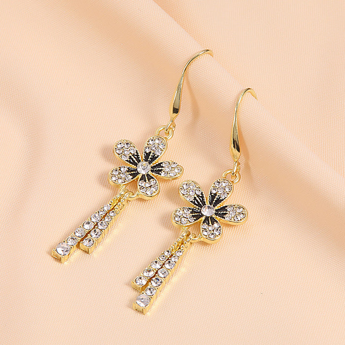 Gold Rhinestone Flower Drop Earrings Dual Crystal Tassels