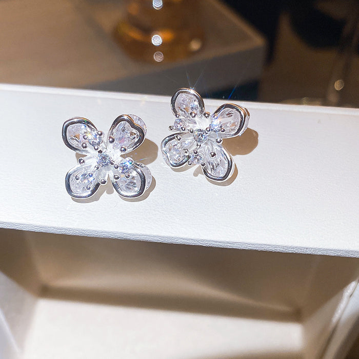 Silver Tone Clear Crystal Five Petal Flower Ear Clips