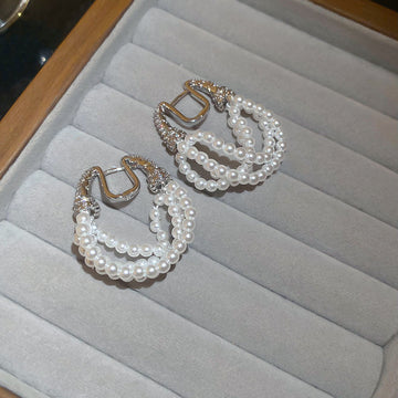 Silver Tone Crystal and Pearl Horseshoe Huggie Earrings