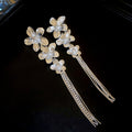 Floral Crystal Tassel Earrings with Silver Tone Chain Strands view 6