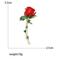 Red Enamel Rose Brooch Gold Tone Stem Green Glitter Leaves view 5