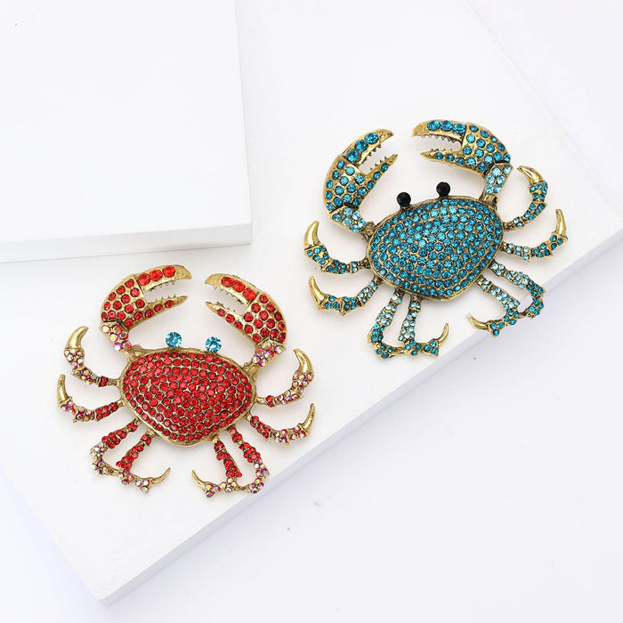 Gold Tone Red Blue Rhinestone Paved Crab Brooch Pin