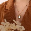 Gold Beaded Chain Oval Mirror Pendant Necklace With Rose Engraving view 2