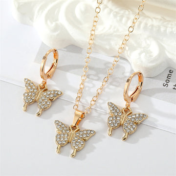 Gold Tone Crystal Butterfly Necklace and Huggie Earrings
