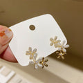 Gold Tone Crystal Flower Drop Stud Earrings With Leaf Charms view 3