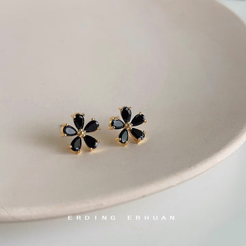 Gold Black Five Petal Flower Crystal Stud Earrings