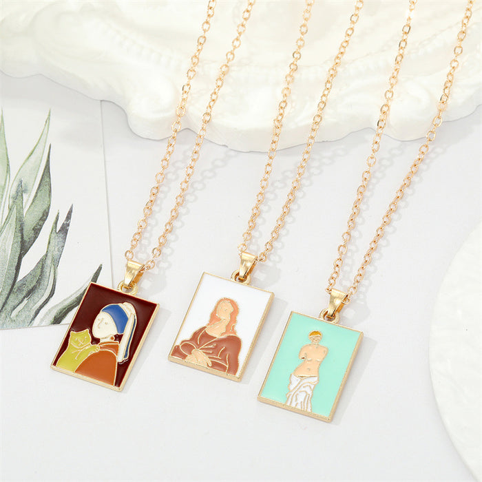 Gold Tone Rectangular Painted Portrait Pendant Necklaces