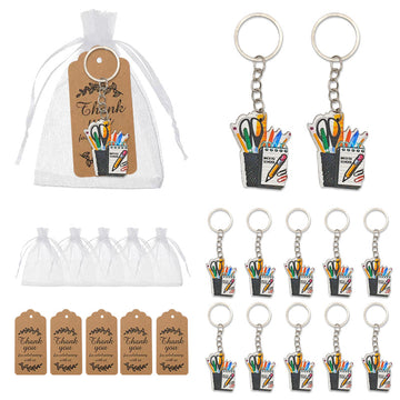 Back To School Pencil Cup Wood Print Keychain Silver Ring