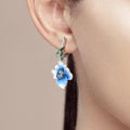 Silver Tone Blue Floral Enamel Leaf Drop Earrings Polished Metal Jewelry view 4