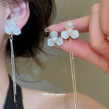 Flower Pearl Long Chain Ear Clips in Three Metallic Styles