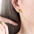 Gold Round Embossed Stud Earrings Green Or Blue Stone view 2
