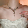 Rhinestone Flower Cluster Necklace Drop Earrings Gold Tone view 2
