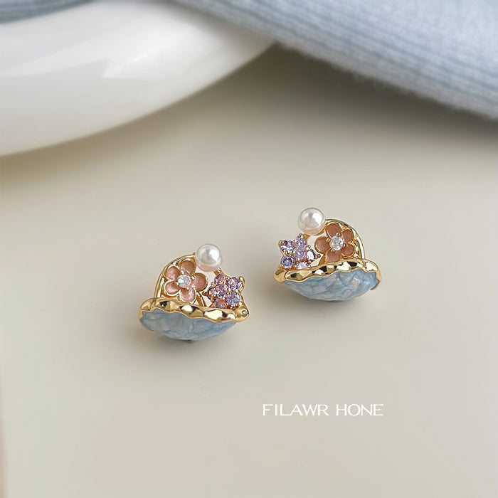 Gold Tone Pink Flower Blue Basket And White Pearl Stud Earrings