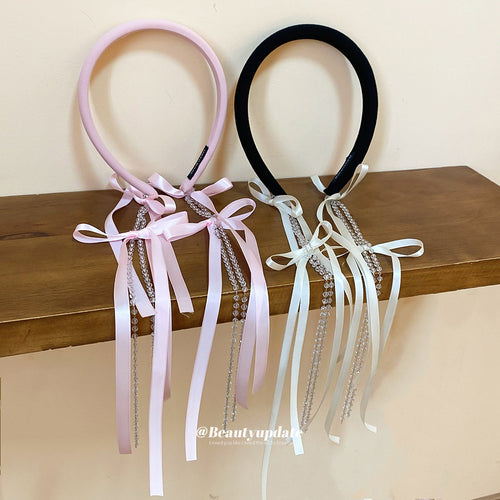 black and pink headbands with long satin bows and crystal chain tassels