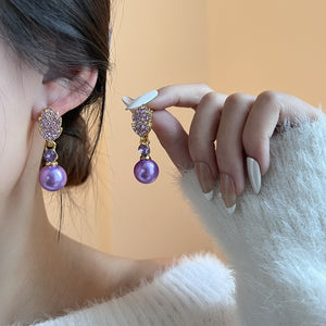 Purple Pearl-Look Drop Earrings with Paved Leaf, Gold-Tone