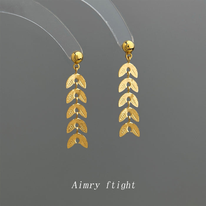 Gold Wheat Leaf Stacked Cascade Drop Stud Earrings