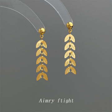 Gold Stacked Wheat Leaf Cascade Dangle Stud Earrings