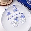 Blue White Porcelain Acrylic Geometric Chandelier Drop Earrings view 1