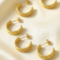 Three Layer C Shape Textured Gold Hoop Stud Earrings view 2