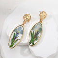 Gold Tone Oval Pressed Botanical Resin Drop Stud Earrings view 3