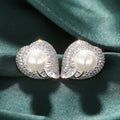 Silver Tone Leaf and Faux Pearl Crystal Stud Earrings view 5