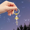 Gold Guardian Angel Cross White Bead Charm Keychain view 4