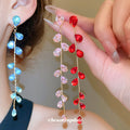 Colorful Teardrop Long Chain Tassel Stud Earrings with Polished Metal Details view 2
