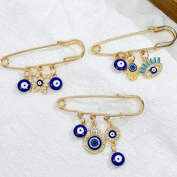 Gold-Tone Evil Eye Safety Pin Brooch with Charm Dangles