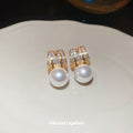 Gold Tone Crystal Letter M Earrings with Pearl Drops view 4