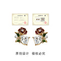 Gold Tone Red Rose Green Leaf Pearl And Clear Stone Stud Earrings view 3