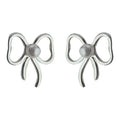 Silver Outline Bow White Pearl Center Stud Earrings Pair Style view 5