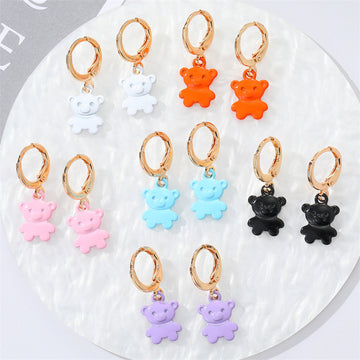 Gold Tone Enamel Bear Charm Huggie Drop Earrings in Six Colors
