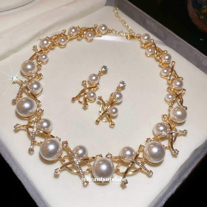 Gold Pearl Cross Link Necklace Matching Drop Earrings