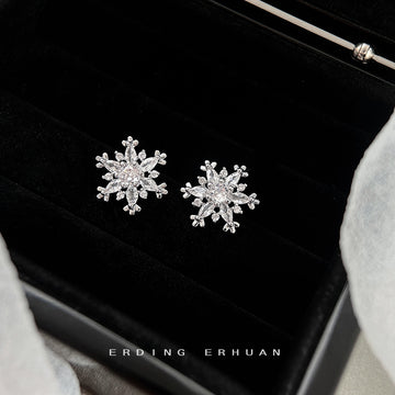 Silver Tone Clear Stone Six Point Snowflake Stud Earrings For Women