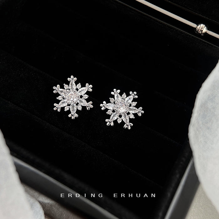 Silver Tone Clear Stone Six Point Snowflake Stud Earrings For Women