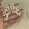 Gold and Silver Floral Branch Long Chain Tassel Stud Earrings view 4