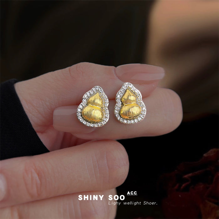Two-Tone Gold Gourd Stud Earrings Pavé Crystal Halo