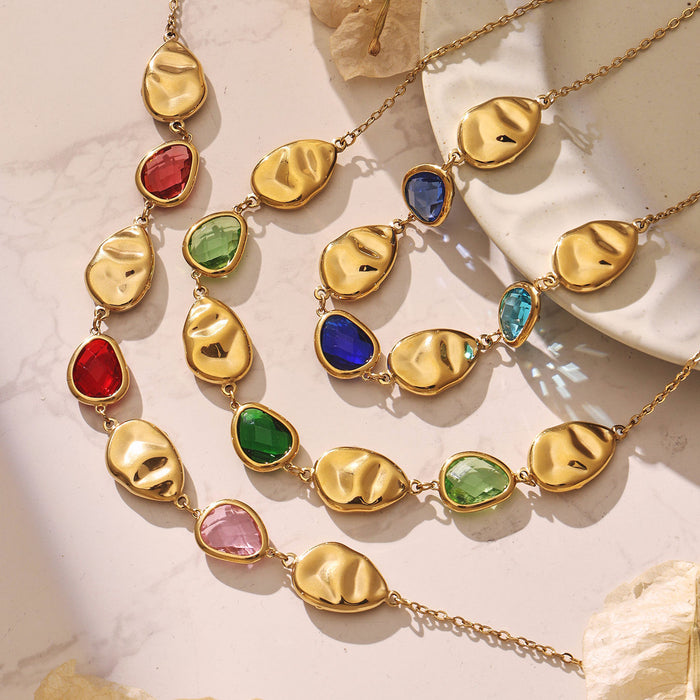 Gold Freeform Oval Glass Stone Station Collar Necklace