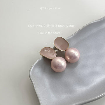 Pink Enamel Geometric Plate Large Pink Pearl Studs
