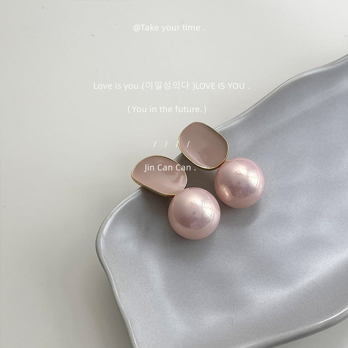 Pink Enamel Geometric Plate Large Pink Pearl Studs