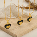 Black Enamel Heart Pendant Necklace Gold Bead Chain CZ view 2